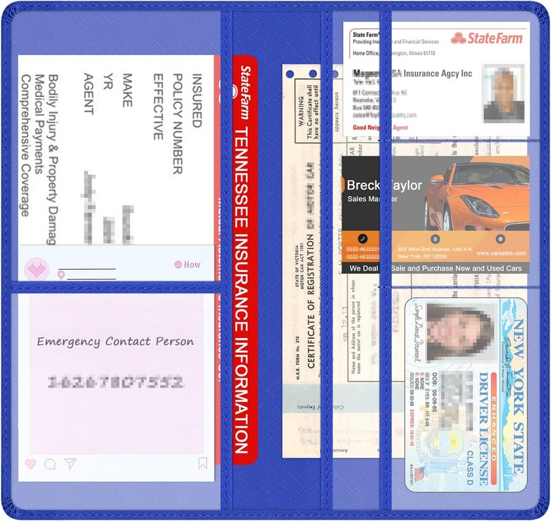 Techion Car Insurance and Registration Holder, 9.5 x 5 Inch PU Leather Vehicle Glove Box Organizer Wallet Case for Insurance Card, Driver License, Paperwork - Blue - Image 3